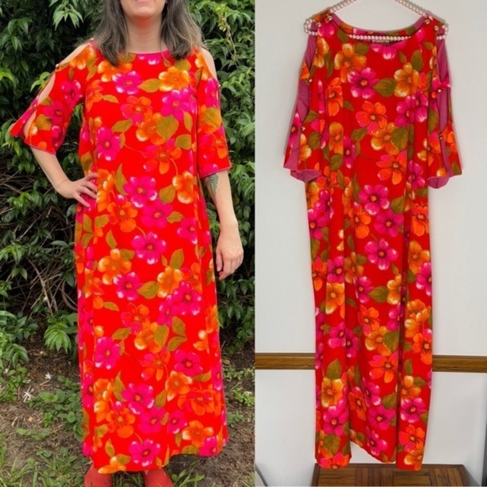 Vintage Karen Ann Hawaiian floral hibiscus maxi dress